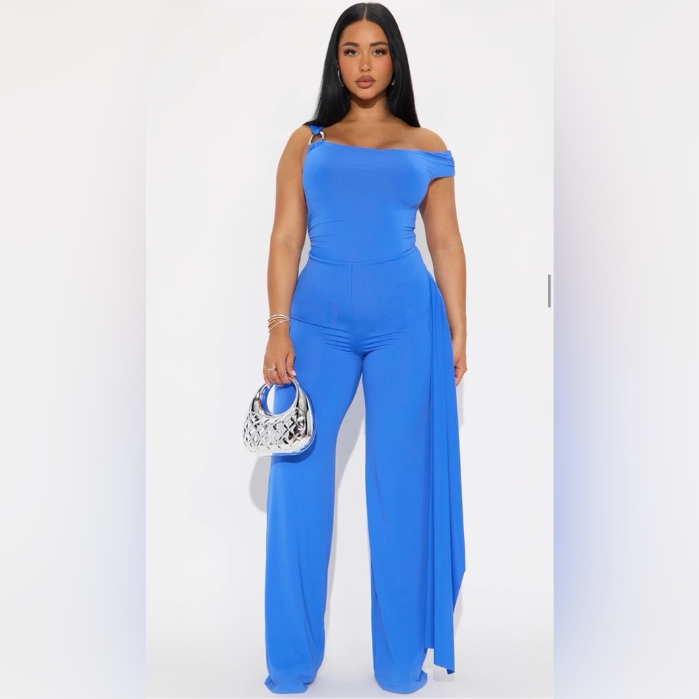 Fashion Nova Vibrant Blue One-Shoulder Jumpsuit
